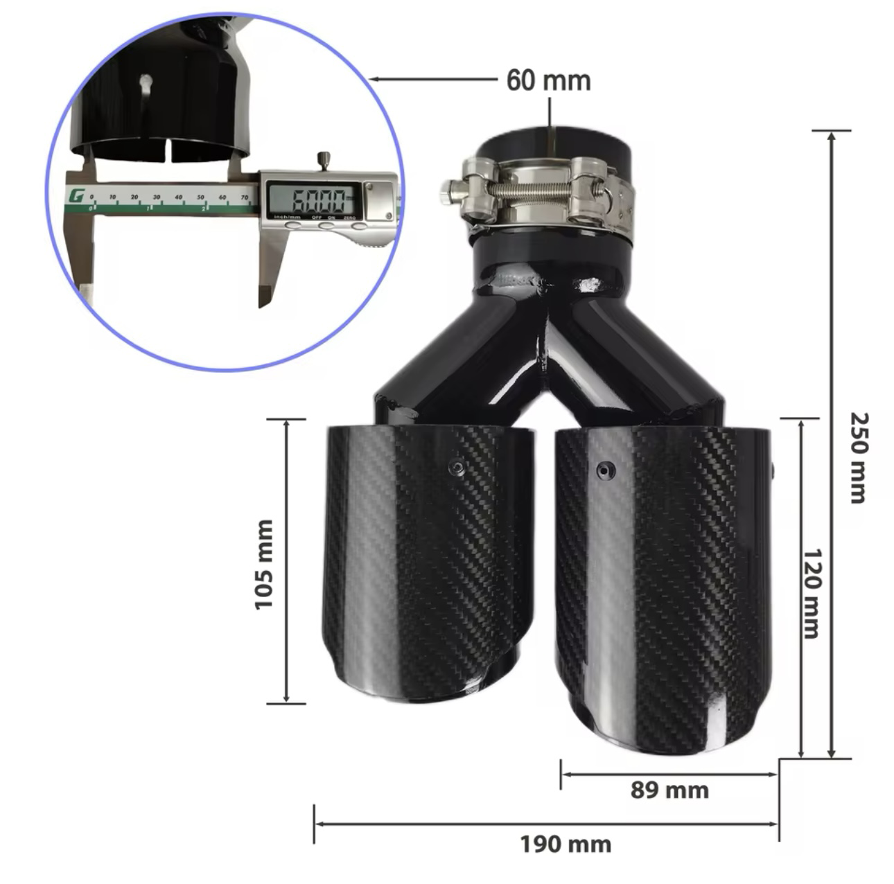 BMW yleismalliset hiilikuitu putkenpäät 2+2 liitos 60mm ulostulo 2x89mm