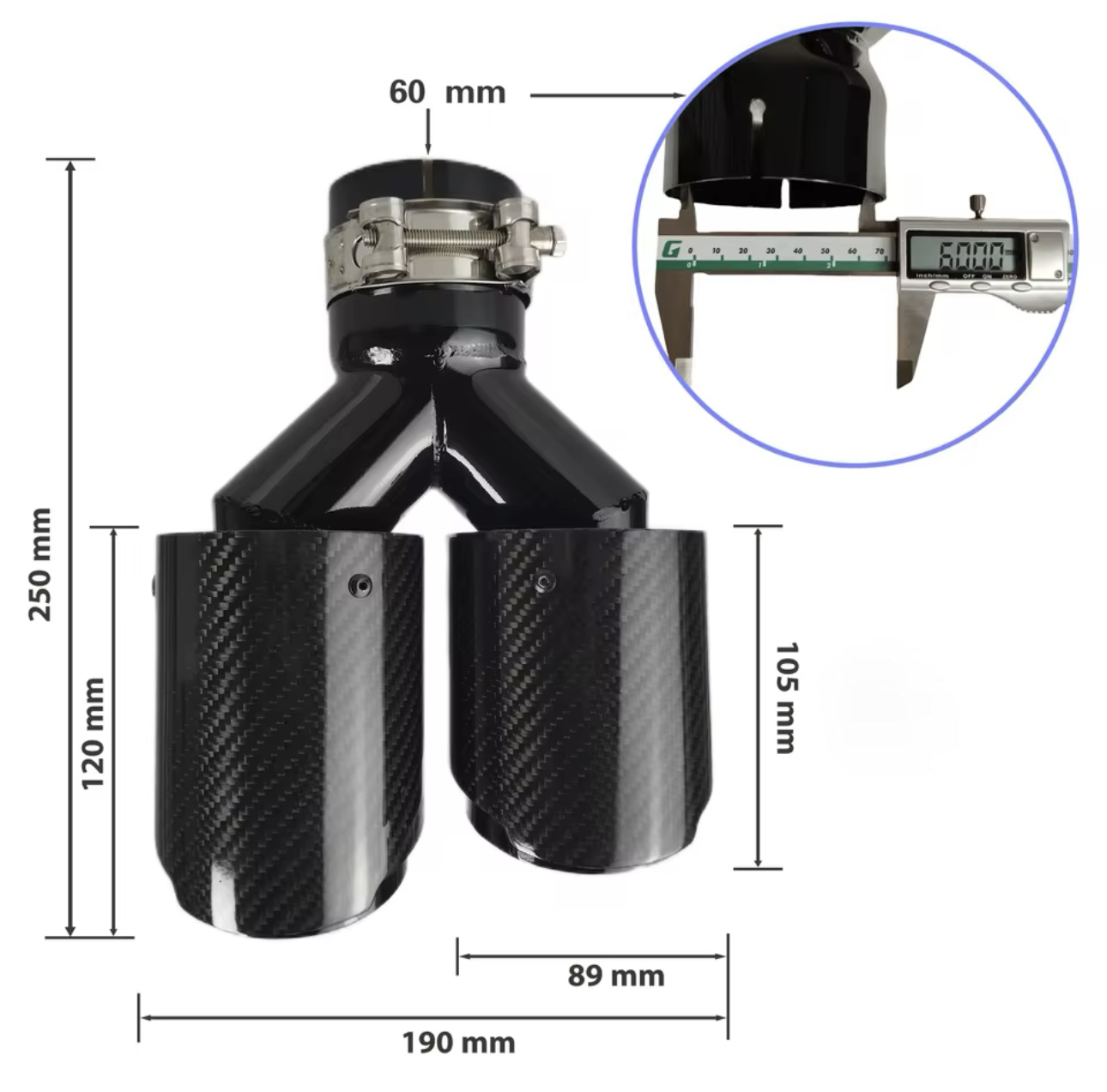 BMW yleismalliset hiilikuitu putkenpäät 2+2 liitos 60mm ulostulo 2x89mm