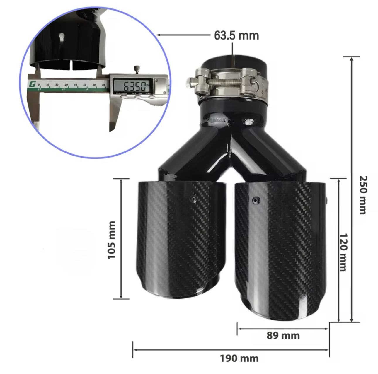 BMW yleismalliset hiilikuitu
putkenpäät 2+2 liitos 63,5mm ulostulo
2x89mm